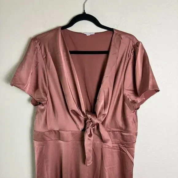 Baltic Born Poppy Satin Midi Dress Rosy Brown XXXL Tie Front - Picture 3 of 16